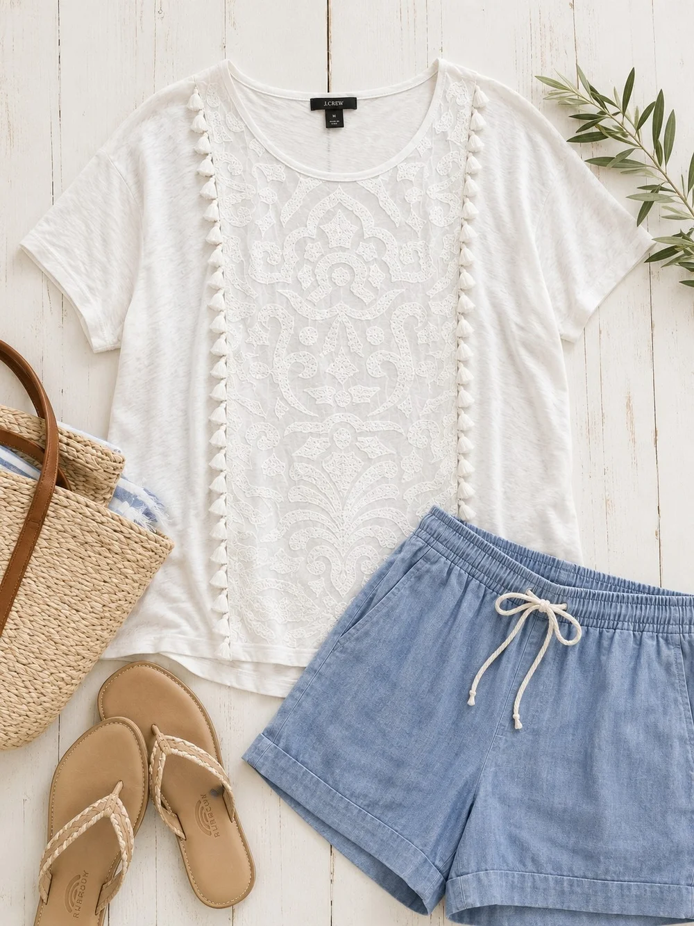 J.Crew Embroidered Tassel Top Women's White Boho Short Sleeve Coastal Cottage
